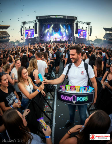 Ice-cream vendor tray at Brighton seaside festival enabling on-the-go product promotion.